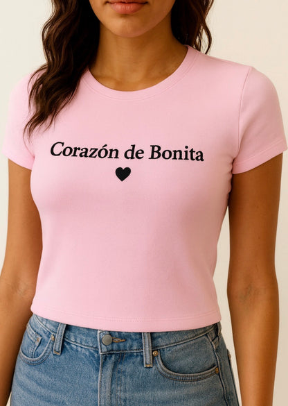 "Corazón De Bonita" Embroidered Baby Tee -Corazón Fresa-